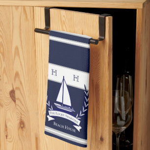 Linge De Cuisine Nautique Marine Blue Sailboat Monogramme Nom 
