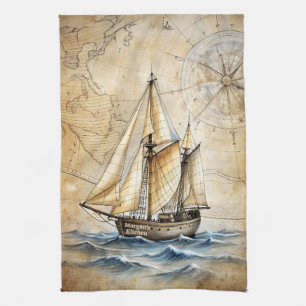 Linge De Cuisine Navire nautique Vintage personnalisé avec carte an