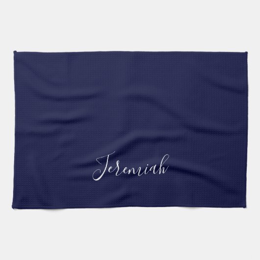 Linge De Cuisine Navy Blue Color Plain Modern Own Name Calligraphy (Horizontal)