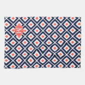 Linge De Cuisine Navy Blue, Coral, White Ikat Diamond Motif (Horizontal)