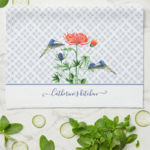 Linge De Cuisine Navy Blue Farm House Floral Watercolor Colibri
