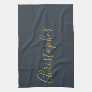 Linge De Cuisine Navy Blue Or Nom Script Minimaliste Monogramme Hom