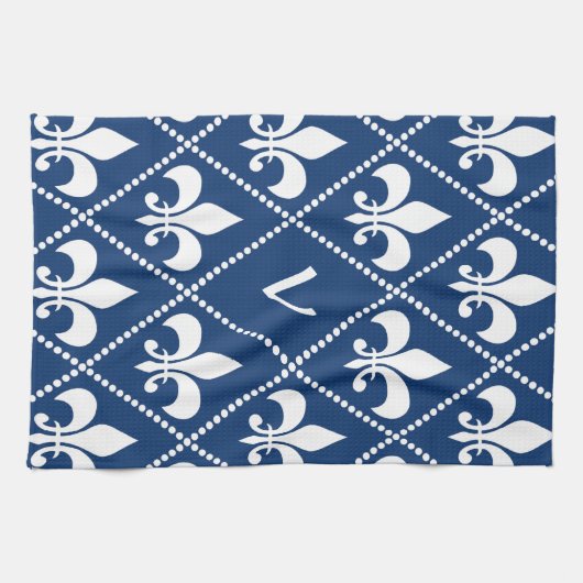 Linge De Cuisine Navy Fleur de Lis avec monogramme initial (Horizontal)