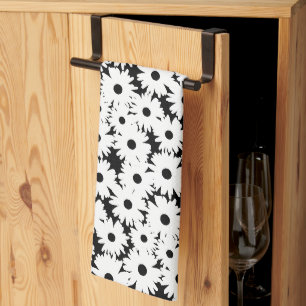 Linge De Cuisine Négative Space Daisées blanc sur noir