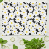 Linge De Cuisine Négative Space Daisies blanc jaune sur noir (Plié)