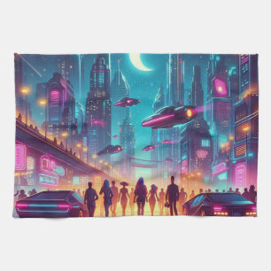 Linge De Cuisine Neon Cityscape