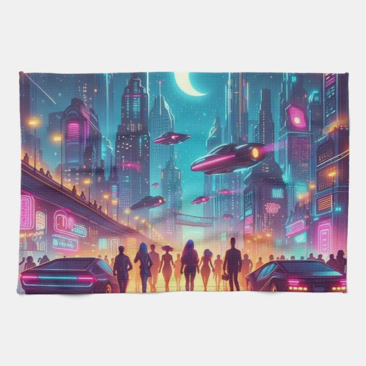 Linge De Cuisine Neon Cityscape (Horizontal)