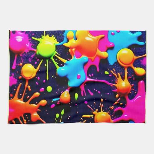 Linge De Cuisine Neon Paint Splatter Art Abstrait (Horizontal)