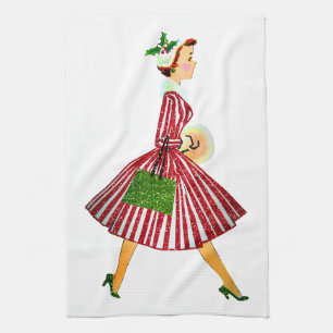 Linge De Cuisine Noël 1950 Vintage dame Joyeux Noël