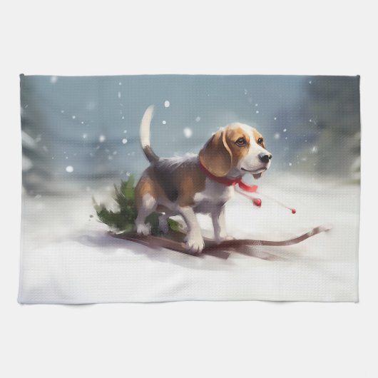 Linge De Cuisine Noël Beagle neige hiver (Horizontal)