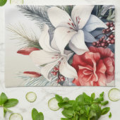 Linge De Cuisine Noël Blanc Fleurs Rouges Vacances Élégant (Plié)