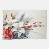 Linge De Cuisine Noël Blanc Fleurs Rouges Vacances Élégant (Horizontal)