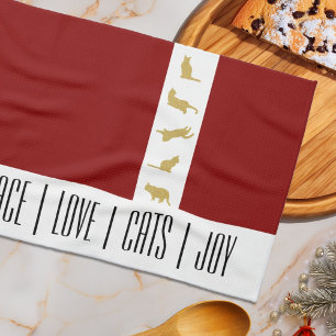 Linge De Cuisine Noël Chat Moderne Rouge Blanc Or