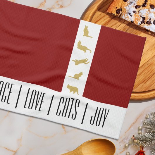 Linge De Cuisine Noël Chat Moderne Rouge Blanc Or
