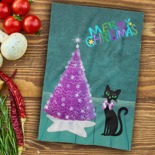 Linge De Cuisine Noël Chat Noir Rose Argent Arbre Salle Sarcelle