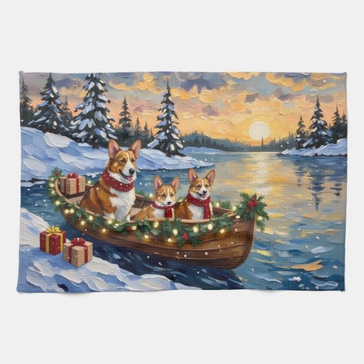 Linge De Cuisine Noël corgi bateau de vacances (Horizontal)