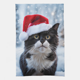 Linge De Cuisine Noël du chat noir et blanc