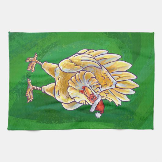Linge De Cuisine Noël Du Poulet Sur Vert (Horizontal)
