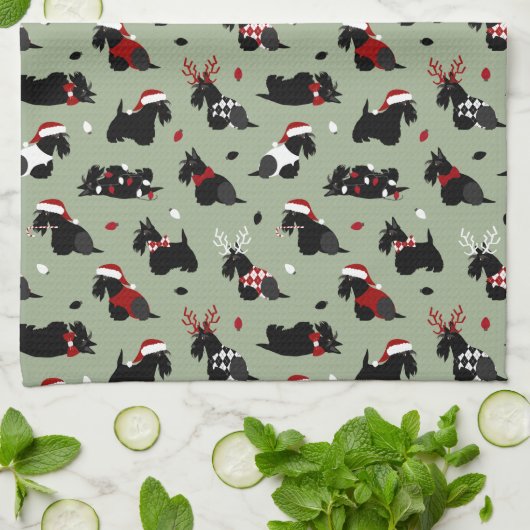 Linge De Cuisine Noël écossais Terrier vert (Plié)
