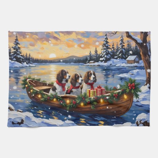 Linge De Cuisine Noël en bateau avec Springer Spaniel (Horizontal)