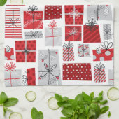 Linge De Cuisine Noël Festif Rouge argent moderne Cadeaux (Plié)
