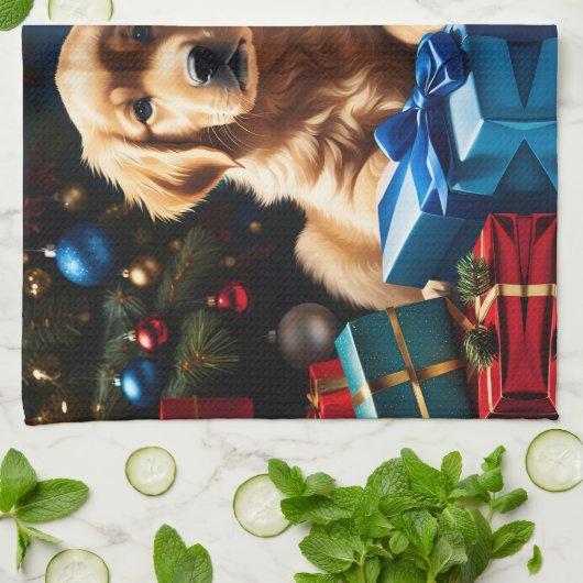 LINGE DE CUISINE NOËL GOLDEN RETRIEVER PUPPY (Plié)