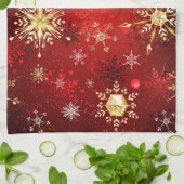Linge De Cuisine Noël Golden Snowflakes sur Arrière - plan rouge (Plié)