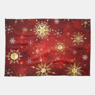 Linge De Cuisine Noël Golden Snowflakes sur Arrière - plan rouge