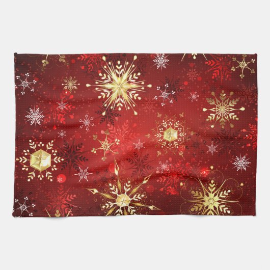 Linge De Cuisine Noël Golden Snowflakes sur Arrière - plan rouge (Horizontal)