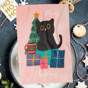 Linge De Cuisine Noël Joyeux Festif Mignon Chat Noir Café Rose