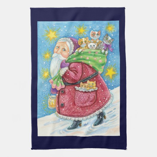 Linge De Cuisine Noël mignon, Père Noël avec chatons et chats ! (Vertical)