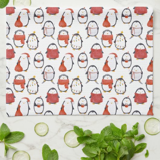 Linge De Cuisine Noël Motif des pingouins festifs mignons (Plié)