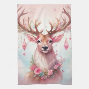Linge De Cuisine Noël rose : Renne avec une fleur rose