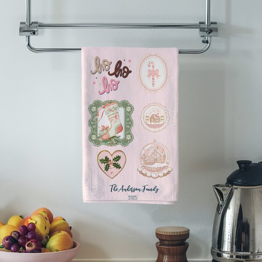 Linge De Cuisine Noël Rose Vert Rétro