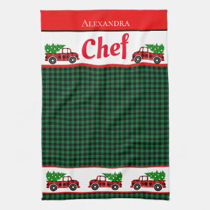 Linge De Cuisine Noël Rouge Camion Chef Green Buffalo Plaid Apro