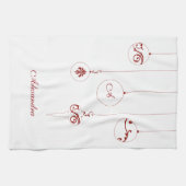 Linge De Cuisine Noël Rouge Monogramme Bauble Ornements Nom (Horizontal)
