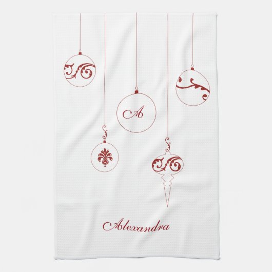 Linge De Cuisine Noël Rouge Monogramme Bauble Ornements Nom (Vertical)