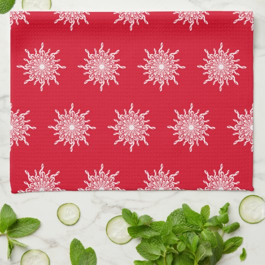 Linge De Cuisine Noël Rouge ornemental G Clef Snowflake Motif (Plié)