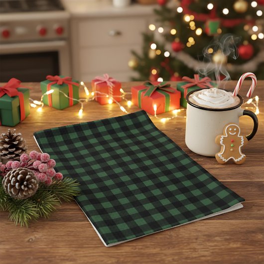 Linge De Cuisine Noël rustique vert et carreau de buffle noir