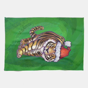 Linge De Cuisine Noël Tigre Sur Vert