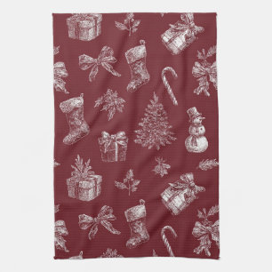 Linge De Cuisine Noël Toile Rouge Vintage avec Chaussettes (2)