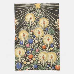 Linge De Cuisine Noël vintage, arbre avec bougies et une étoile