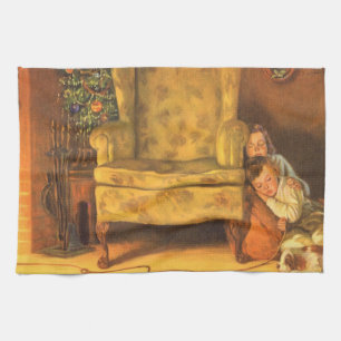Linge De Cuisine Noël vintage Enfants attendant le Père Noël
