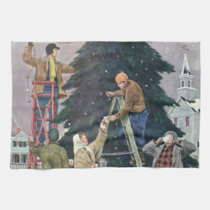 Linge De Cuisine Noël vintage, famille accrochant des lumières à l'
