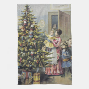 Linge De Cuisine Noël vintage, famille victorienne autour de l'arbr