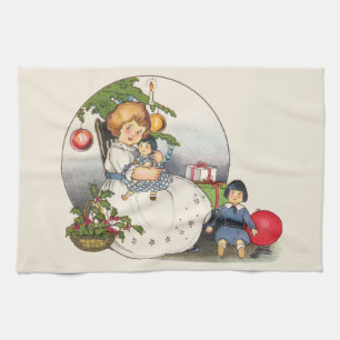 Linge De Cuisine Noël vintage, fille heureuse jouant avec des poupé
