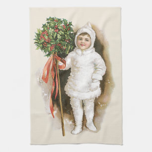 Linge De Cuisine Noël vintage, fille victorienne avec houx