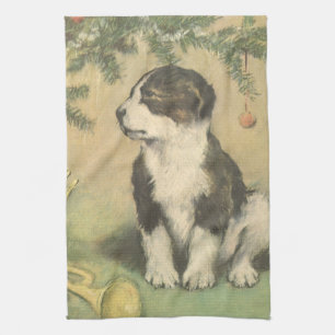 Linge De Cuisine Noël Vintage, Joli Chiot Sous Arbre De Noël