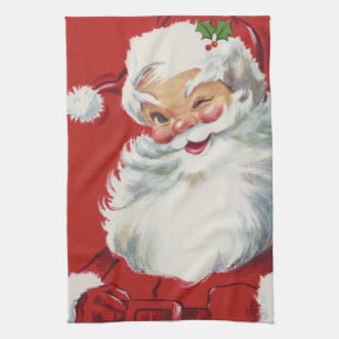Linge De Cuisine Noël Vintage, Jolly Winking Père Noël