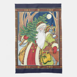 Linge De Cuisine Noël vintage, le Père Noël cerf en forêt